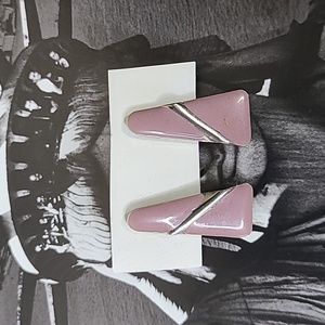 Earrings Silver Tone Studs Mauve Blush Pink Enamel Retro 80s Triangle Shape Cute